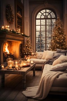 a living room decorated for christmas with candles