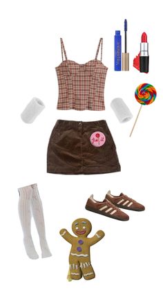 the contents of a doll's outfit including shoes, socks and candy