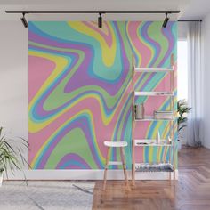 a colorful wall mural in a living room