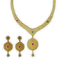 22K Yellow Gold Necklace Set W/ Emeralds, Rubies, CZ Gems & Large Flower Pendants - Virani Jewelers Elegant Multicolor Kundan Necklace In 22k Gold, Elegant Multicolor 22k Gold Necklaces, Yellow Gold Jeweled Necklace, Hand Set Yellow Gold-plated Kundan Necklace, Gold Plated Yellow Gold Kundan Necklace, Hand Set Yellow Gold Plated Kundan Necklace, Luxury Gold Jeweled Bridal Necklace, 22k Gold Jeweled Necklace, Gold Jeweled Bridal Necklace In Temple Jewelry Style