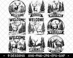 an image of the welcome stickers in black and white with pine trees, mountains, elk