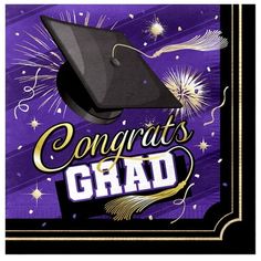 congratulations grad party napkins with purple and gold graduation cap, fireworks and streamers in the background