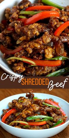 2 image collage of crispy fried beef and stir fried bell pepper in the light blue bowl. Crispy Shredded Beef, Shredded Beef Recipe, Chinese Beef Recipes, Shredded Beef Recipes, Homemade Chinese Food, Crispy Beef, Asian Dinners, Chinese Cooking Recipes