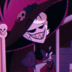 a cartoon character wearing a pink hat and holding a drink in one hand while standing next to a skull on the other