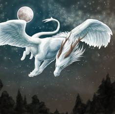 a white dragon flying in the sky with its wings spread