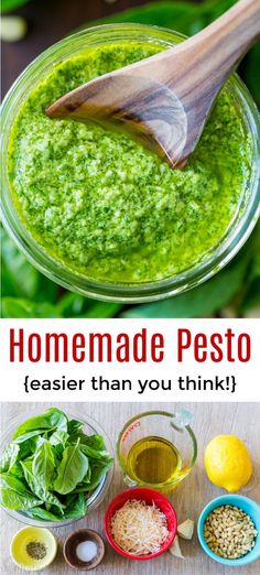 homemade pesto sauce in a glass bowl with ingredients around it and the words, homemade pesto easier than you think