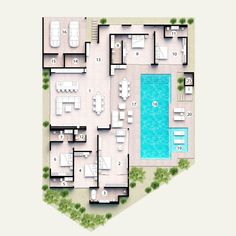 an aerial view of a house with swimming pool and lounges on the ground level