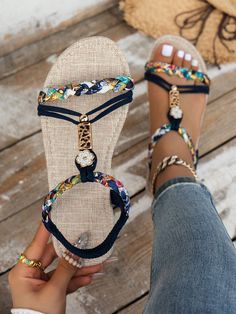 Navy Blue Vacation Collar     Embellished   Women Shoes Woman Weaving, Kids Beachwear, Flat Sandals, Luggage Bags, Women Clothes Sale, Clothing And Shoes