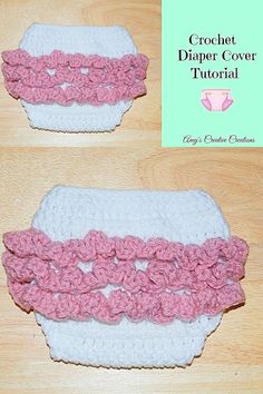 crochet diaper cover with pink and white trims on the bottom, sitting on a wooden surface