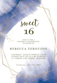 a blue and gold wedding card with the word sweet 16 printed on it in black ink