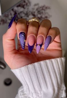 Almond nail inspo  Purple nail idea  Meduim nail inspoo Hobicore Nails, Long Almond Acrylic Nails Designs, Purple Stiletto Nails Design, Almond Purple Nails, Purple Nails Almond, Nail Inspo Purple, Dark Purple Nail Designs, Purple Prom Nails, Purple Almond Nails