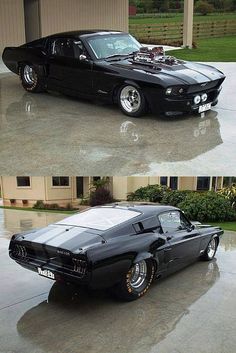 two pictures of a black muscle car with chrome rims and hood, parked in front of a garage