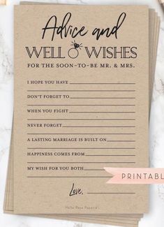 wedding advice cards with the words advice and well wishes