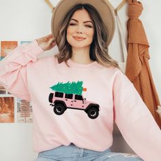 Jeep Christmas Tree Sweatshirt Hand Made To Order. Thank You For Considering To Purchase From A Female Small Business Owner! Jeep Christmas, Dark Green Sweater, Grey Cable Knit Sweater, Off Road Vehicle, Jcrew Collection, Woven Sweater, Road Vehicle, Black Crewneck, Long Sleeve Knit Sweaters