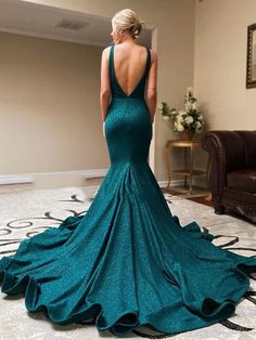 Trumpet/Mermaid Ruffles V-neck Sleeveless Court Train Dresses Green Prom Dress Long, Trumpet Evening Dress, Mermaid Sweetheart, Green Prom, Court Dresses, V Neck Prom Dresses, Green Mermaid, Sweetheart Prom Dress, Sequin Prom Dresses