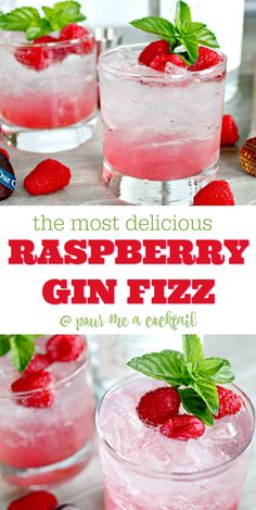 the most delicious raspberry gin fizz is served in glasses with mint garnish