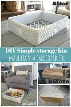 the diy simple storage bin made from cardboard box is shown with instructions to make it