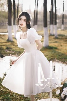 Ulzzang White Dress, Vintage Reception Dress, Dream Daughter, White Dress With Sleeves, Knee Length Prom Dress, Confirmation Dresses, White Knee Length Dress, A Line Prom Dress, Evening Dresses With Sleeves