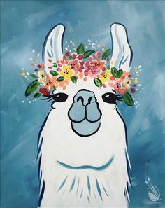 a painting of an alpaca with flowers on its head