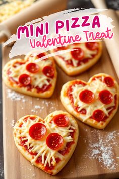 mini pizza valentine treats on a cutting board