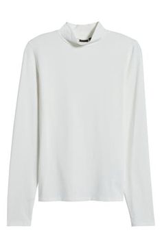 A mock neck top crafted in a soft knit makes for a low-profile first layer or a sleek solo player. Mock neck Long sleeves 73% modal, 21% recycled polyamide, 6% elastane Machine wash, dry flat Made in Portugal White Stretch Tops With Funnel Neck, Solid Mock Neck Top For Layering, White Mock Neck Top For Fall, Stretch Turtleneck Top With Ribbed Neckline, Casual High Neck Long Sleeve Top For Layering, Versatile Turtleneck Top For Workwear, Classic Funnel Neck Tops For Fall, White Funnel Neck Top For Layering, Casual White Mock Neck Top For Fall