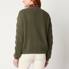 This women's v-neck cardigan by St. John's Bay is made from a soft cotton-blend in a cable-knit design, featuring a button-front closure, front pockets, and ribbed trims. Wear this essential style with a t-shirt underneath and jeans.Features: EssentialsClosure Type: ButtonFit: Regular FitNeckline: V NeckPockets: 2 Front Slip PocketsSleeve Length: Long SleeveSleeve Style: Fitted SleeveApparel Length: 24 InchesFiber Content: 60% Cotton, 40% AcrylicFabric Description: KnitCare: Machine WashCountry… Cotton Cable Knit Crew Neck Cardigan, Cotton Cable Knit Cardigan For Work, Cardigan Green, Large Sweaters, Small Sweater, Button Cardigan, V Neck Cardigan, Knitting Designs, Cable Knit