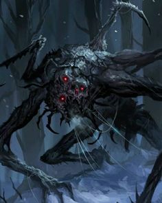 a demonic creature with red eyes in the middle of a snowy forest, surrounded by trees