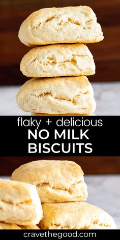 three different types of biscuits stacked on top of each other with the words, flaky and delicious no milk biscuits