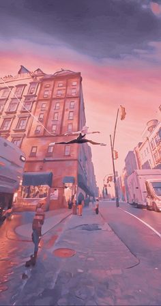 a painting of a city street at sunset