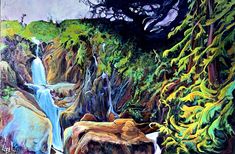 a painting of a waterfall surrounded by trees