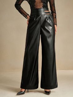 Women Side Hollow Out Double Waist Leg Wide Loose Long Faux Leather Pants Black Elegant   Coated Fabric Plain Straight Leg Slight Stretch  Women Clothing, size features are:Bust: ,Length: ,Sleeve Length: Pantalon Large, Faux Leather Pants, Women Clothing, Black Pants, Leather Pants, Length Sleeve, Straight Leg, Faux Leather, Sleeve Length