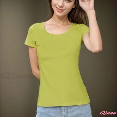 Qteee - Classic White Short-Sleeve Slim-Fit Crewneck T-Shirt - Ideal for Layering or as an Essential Wardrobe Staple Stretch Crew Neck Short Sleeve Top In Solid Color, Stretch Crew Neck Short Sleeve Top, Summer T-shirt With Scoop Neck In Solid Color, Stretch Plain Short Sleeve T-shirt, Casual Green Solid Color T-shirt, Green Stretch Tops With Solid Color, Green Stretch Tops Solid Color, Spring Plain Stretch T-shirt, Basic Green Solid Color T-shirt