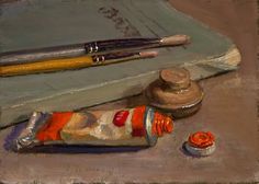 an oil painting of some art supplies on a table