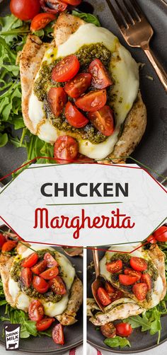 chicken with pesto sauce and tomatoes on a plate next to a sign that says chicken margherita