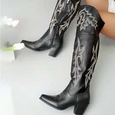 - Over The Knee Thigh High Cowboy Boot - Western Styling With Contrast Stitching Detail - Pointed Closed Toe Item Takes 4-7 Business Days To Ship. If You Have Any Questions Or Concerns, Please Feel Free To Reach Out . Western High Heel Knee-high Boots, Western Black High Heel Knee-high Boots, Western Black Knee-high Boots For Spring, Western Black Knee-high Boots For Fall, Black Western Knee-high Boots For Fall, Western Style Fitted Heeled Winter Boots, Western Black Knee-high Heeled Boots, Black Knee-high Boots For Spring, Fitted Black Western Heeled Boots