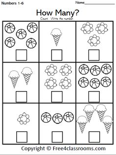 the printable worksheet for numbers 1 - 6, which includes an ice cream cone