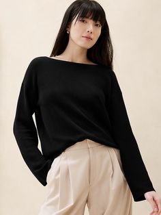 Boat neck. Long sleeves. Drop shoulders. Straight hem. Made exclusively for Banana Republic Factory. #888290 Boat Neck Sweater, Boatneck Sweater, Banana Republic Factory, Boat Neck, Drop Shoulder, Neck Sweater, Banana Republic, Cardigans, Black Pink