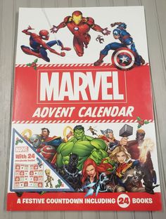 a book with the title's cover art for an event calendar, featuring superheros and