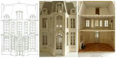 three different views of a doll house with windows and balconies on each floor