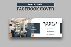 the real estate facebook cover is shown with chairs and a table in front of it