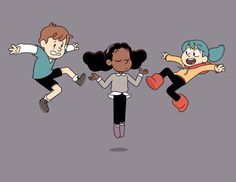 three cartoon characters jumping in the air