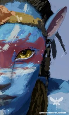 an artistic painting of a woman's face painted in blue and red