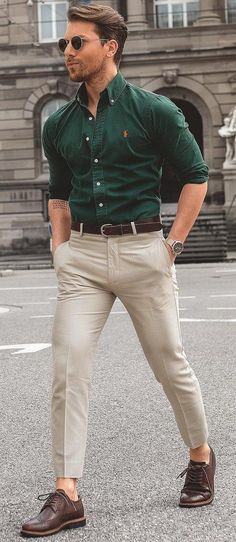 Men In Green Shirt, Fitted Dress Shirts Men, Mens Clothing Styles Bigger Guys, Men’s Dress Wear, Men In Dress Shirts, Bottle Green Shirt Outfit Men, How To Style Green Shirt, Men’s Dress Clothes, Men’s Dress Shirts