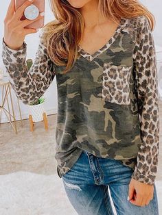 Leopard Camo Print Panel V Neck Long Sleeve T Shirt Shipping from the US. Easy 30 day return policy, 100% cotton, Double-needle neck, sleeves and hem; Roomy Unisex Fit. Camouflage Print, Long Sleeve Knit Sweaters, Camo Print, Fashion Colours, Printed Mini Dress, Top Casual, V Neck Tops, Casual T Shirts, Print Tops