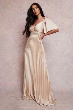 Pleated Angel Sleeve Maxi Dress Latest Bridesmaid Dresses, Wrap Dress Bridesmaid, Bridesmaid Satin, Bridesmaid Dress Collection, Maxi Bridesmaid Dresses, Dress Beige, Bridal Party Dresses, Split Maxi Dress