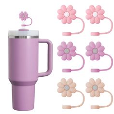 a set of pink and white flower shaped hair clips, headbands, and cup