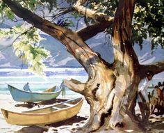 a painting of two boats on the beach under a tree with mountains in the background