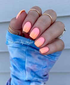 Pastel And Neon Nails, Pastel Sunset Nails, Summer Nails Peach Coral, Sunset Dip Nails, Neon Pastel Nails, Neon Holiday Nails, Summer Ombre Dip Nails, Summer Sunset Nails, Sunset Color Nails