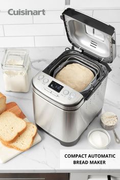 an image of bread in the toaster on the kitchen counter with text that reads compact automatic bread maker