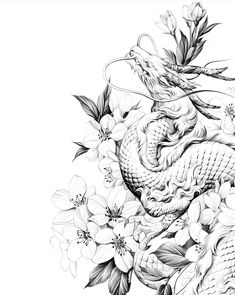 a black and white drawing of a dragon surrounded by flowers